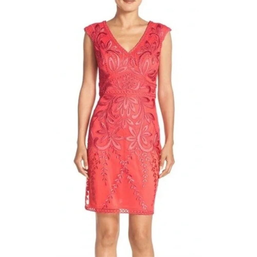 NEW Sue Wong Sleeveless Coral Pink Floral Embroidered Sheath Dress Size 6